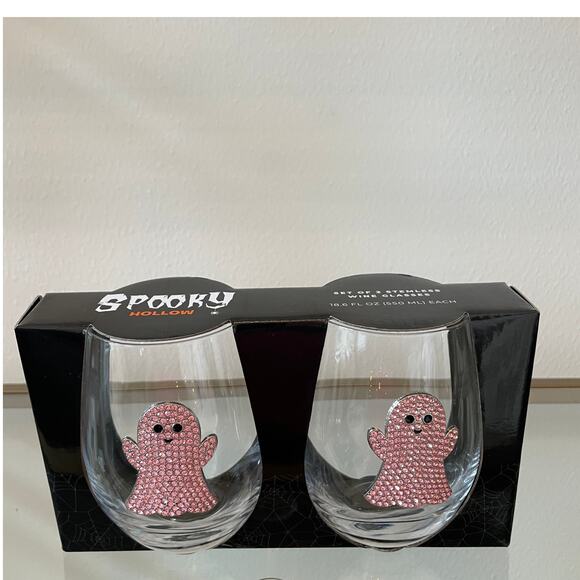 2pc Halloween GHOST Pink Crystal Rhinestone Stemless Wine Glass Set New - Picture 8 of 10